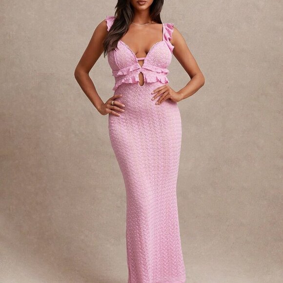 Pink Elegant Women's Sexy Hollow-Out Crochet Ruffle Trim Backless Tie Dress - Picture 5 of 7